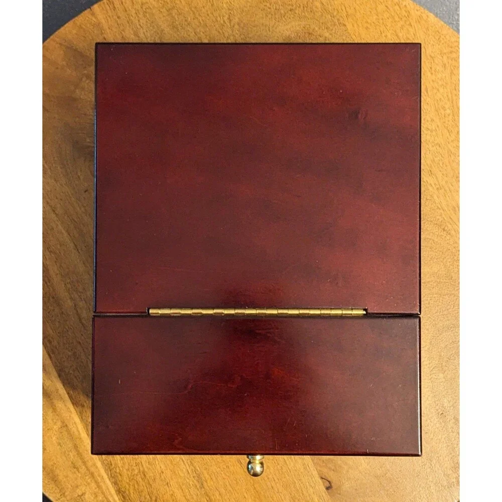 Vintage Solid Wood Jewelry Box Cherry Finish Pink Velvet Lining Flip Up Mirror